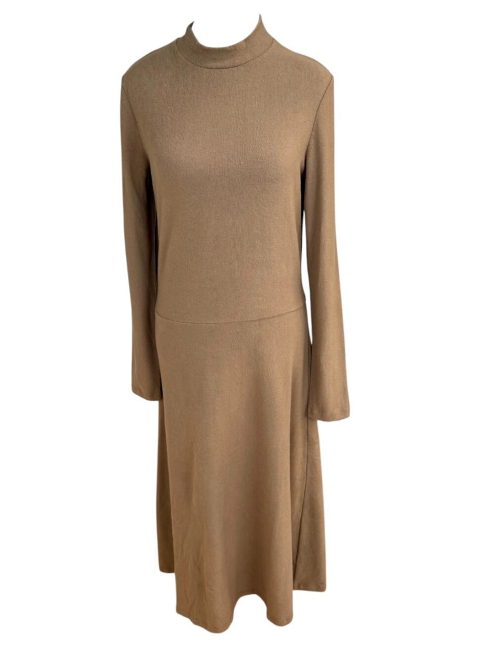 Vince Knit Midi Dress Tan Camel Long Sleeve Mock Neck (M)
